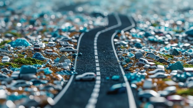 A miniature road with a car on it and some rocks