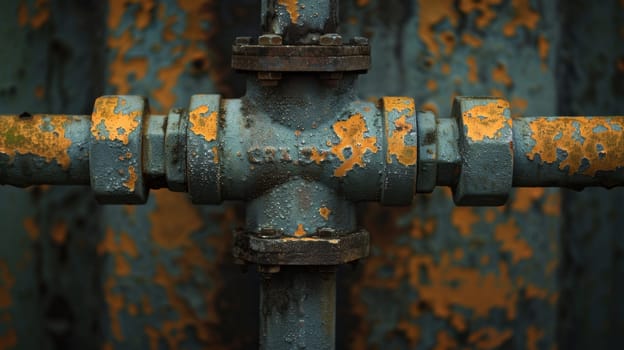 A close up of a rusty pipe with rust and peeling paint