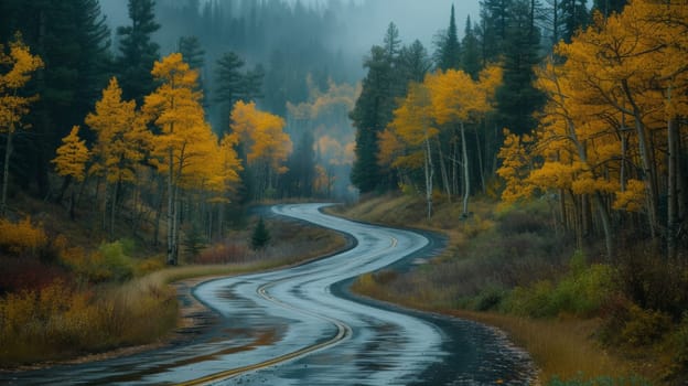 A wet road with trees on both sides of it