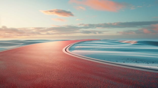 A red road that is going through the sand and water