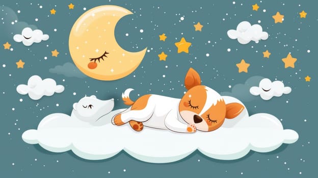 A cute cartoon dog sleeping on a cloud with the moon and stars