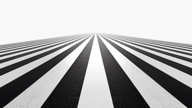 A black and white striped road with a tall building in the background