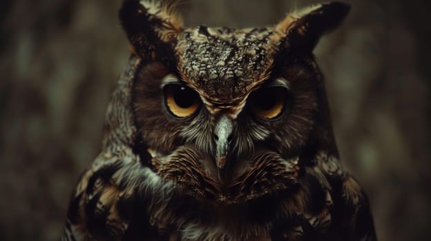 A close up of an owl with yellow eyes and a dark background