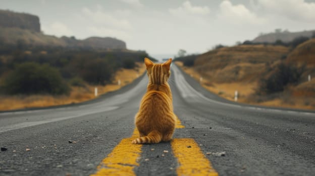 A cat sitting on the side of a road looking at something