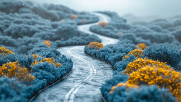 A road winding through a forest of yellow and blue flowers