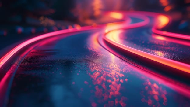 A close up of a car driving down the road with neon lights