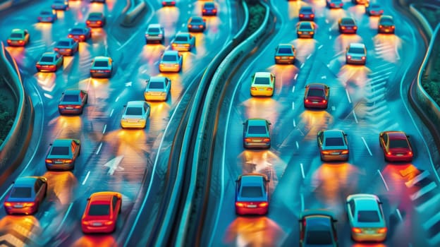 A bunch of cars are driving down a highway at night