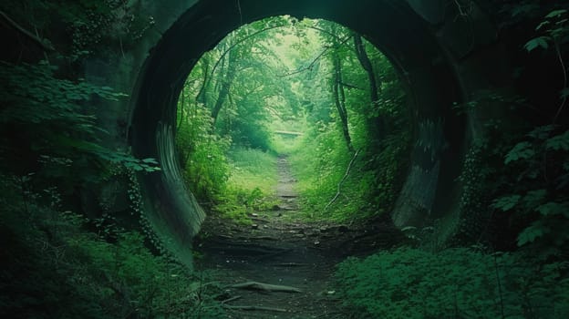 A tunnel with a path leading to the woods in front of it