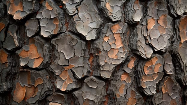 A close up of a tree trunk with brown and orange paint