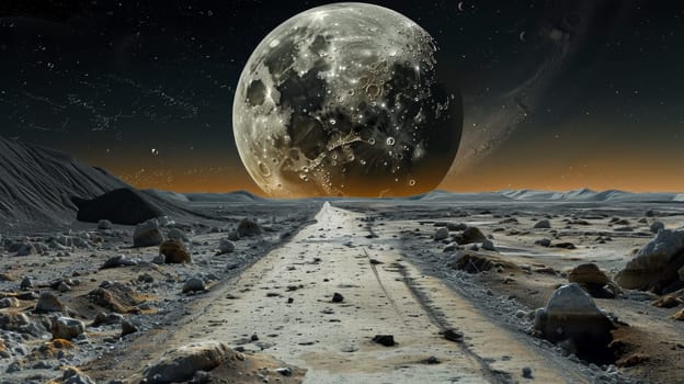 A road leading to a large moon in the distance