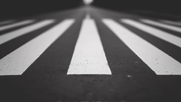 A black and white photo of a crosswalk with lines