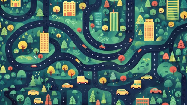 A colorful pattern of a city with trees and roads