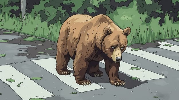 A brown bear standing on a crosswalk in the woods