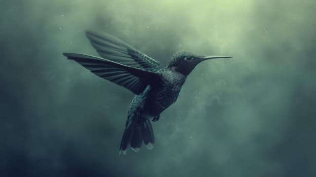 A hummingbird flying in the air with a green background