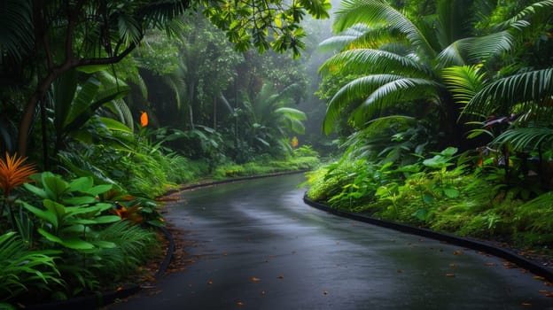 A wet road in the middle of a lush tropical forest