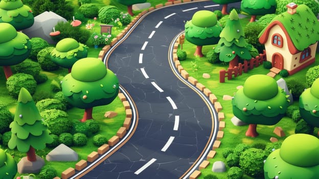 A 3d rendering of a road with trees and houses