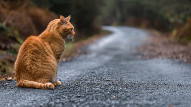 A cat sitting on a road looking at something off in the distance