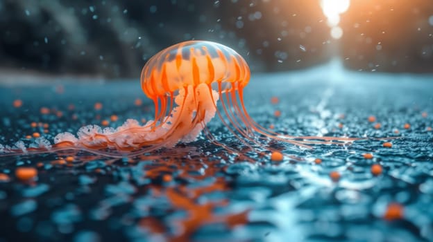 A jellyfish is floating in the water on a rainy day