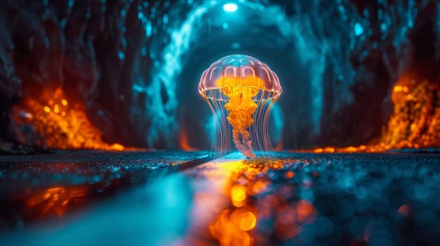 A jellyfish is seen in a tunnel with light coming from it