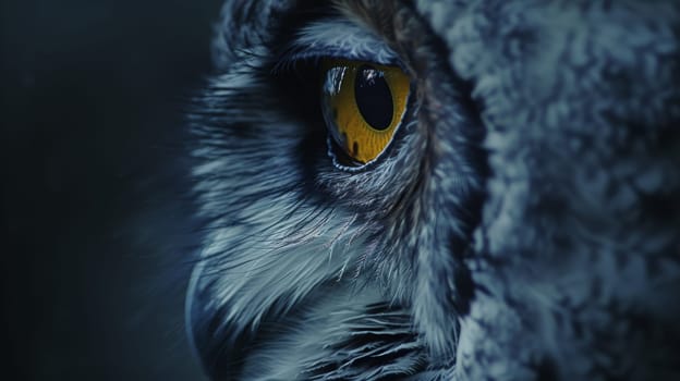 A close up of an owl's eye with yellow eyes