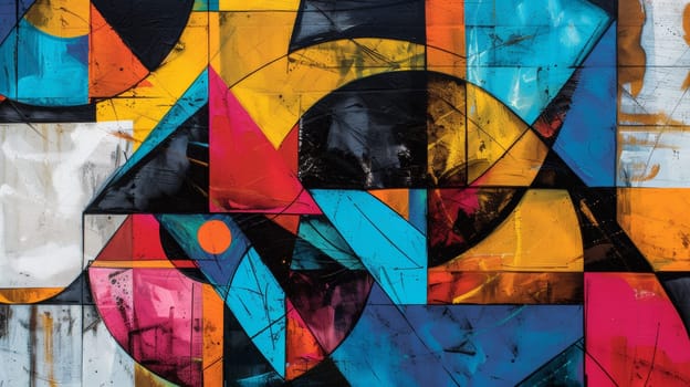 A painting of abstract shapes and colors on a wall