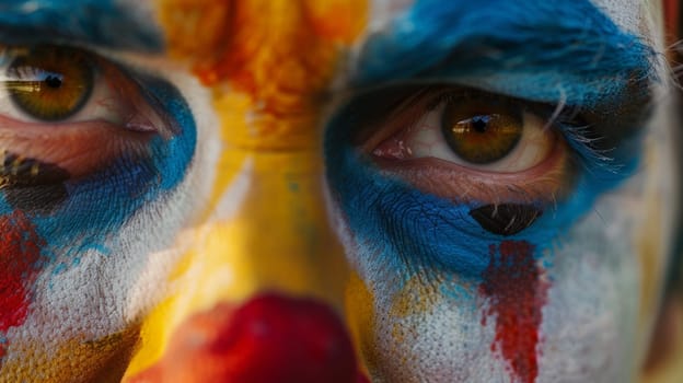 A close up of a clown with painted face and red nose