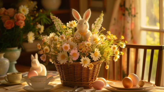 A basket with a rabbit sitting in it on top of the table