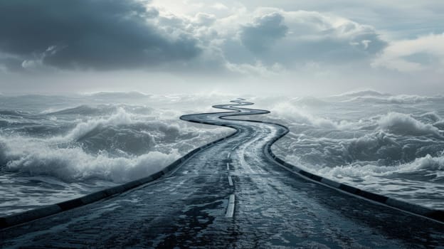 A road leading to the ocean with waves crashing in front of it