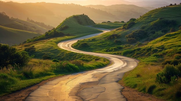 A winding road in the middle of a lush green field