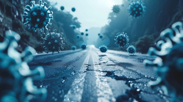 A road with many blue viruses on it