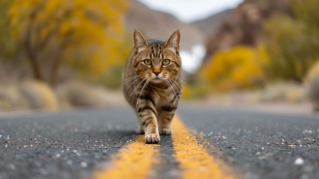 A cat walking across a road in the middle of some trees