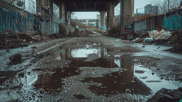 A dirty and graffiti covered road with a bridge in the background