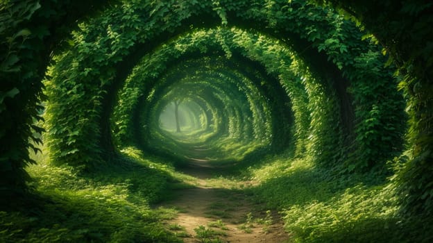 A tunnel of green plants that leads to a path