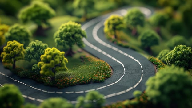 A miniature model of a winding road with trees and flowers