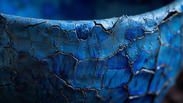 A close up of a blue bowl with cracked paint on it