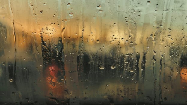 A view of a window with rain on it and traffic lights