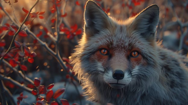 A close up of a fox with red eyes in the woods