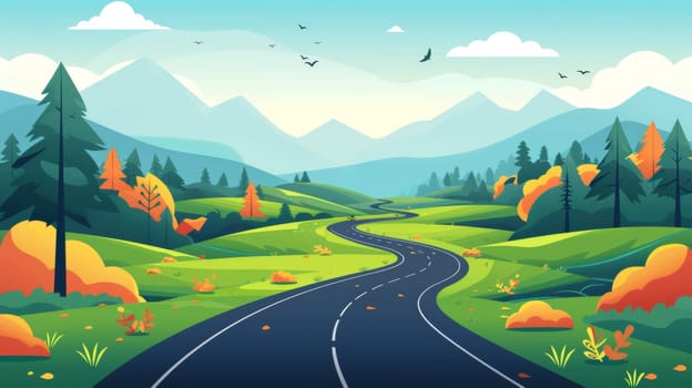 A cartoon landscape with a road and trees in the distance