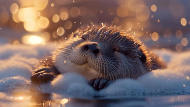 A close up of a cute otter sleeping in the water