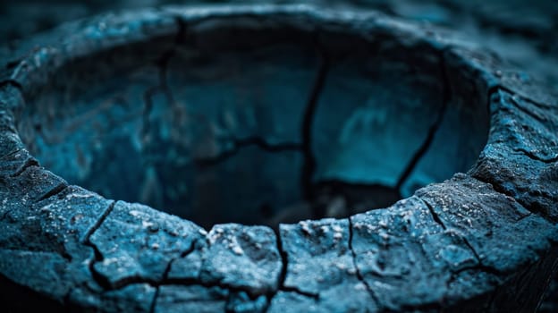 A close up of a blue bowl sitting on top of some rocks