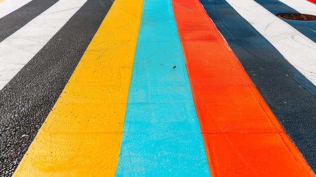 A close up of a street with multicolored stripes and lines