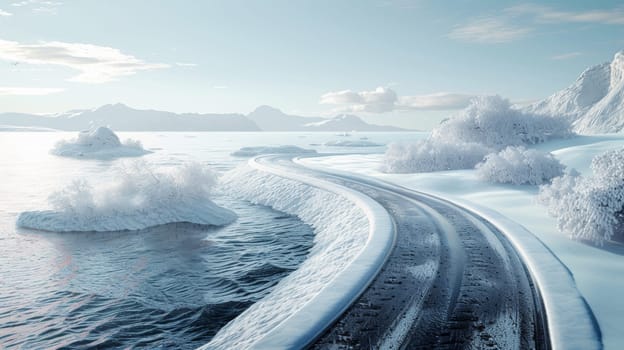 A snowy road with a mountain in the background and trees