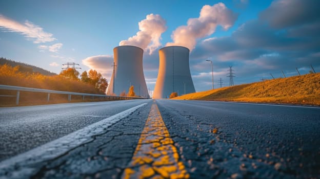 Two cooling towers are seen in the distance as a car drives down an empty road