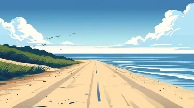 A cartoon drawing of a road leading to the ocean
