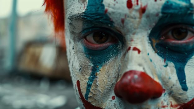 A close up of a clown face painted with red and blue paint