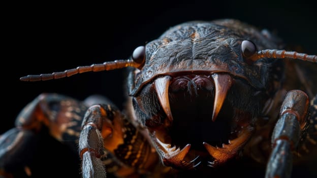 A close up of a bug with its mouth open and teeth showing