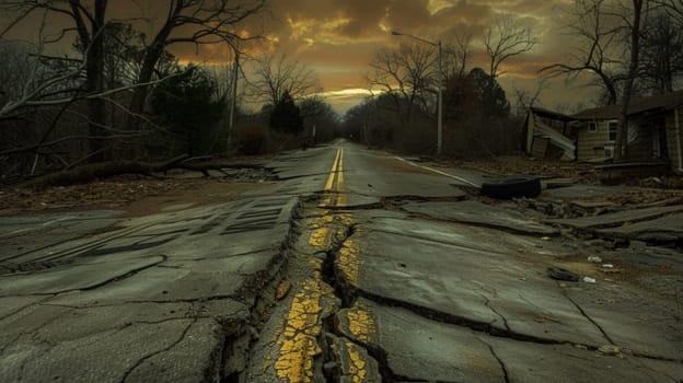 A road with a yellow line painted on it in the middle of an empty street