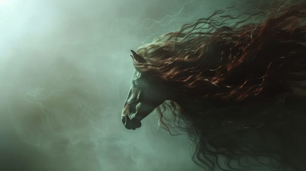 A horse with long flowing hair in a foggy environment