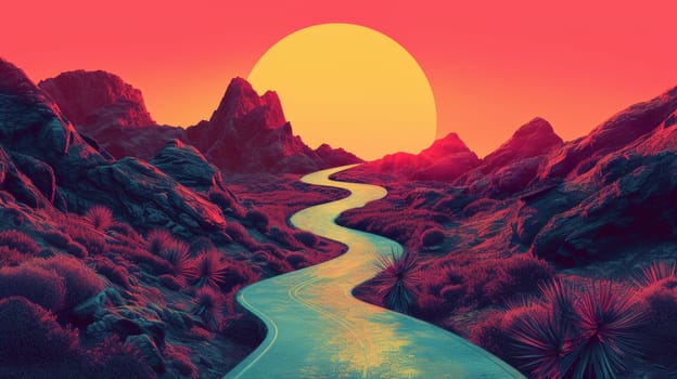 A picture of a road winding through the desert at sunset