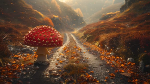 A red mushroom sitting on a road in the middle of autumn